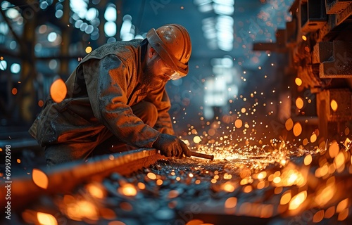 A worker in a steel plant measures steel using callipers..