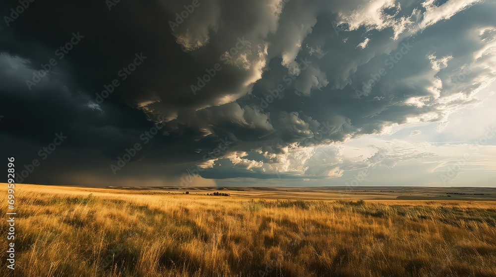  thunderstorm rolling in over a sunlit prairie, with dark clouds contrasting the  c