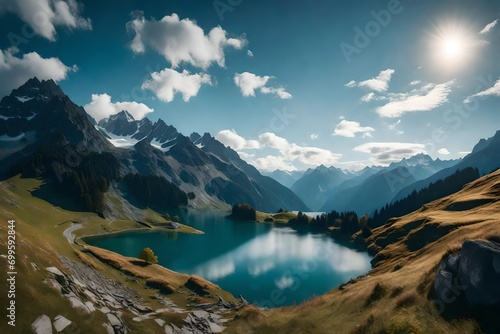 Lake in the Swiss Alps. Panoramic view of the nature and mountains of Switzerland. 