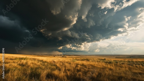 thunderstorm rolling in over a sunlit prairie  with dark clouds contrasting the  c