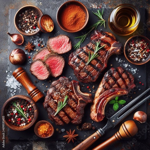 Grilled meat on black board. AI generated illustration