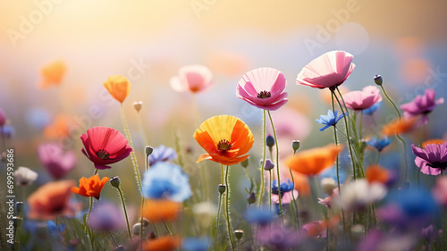Colorful flower meadow with sunbeams and bokeh lights in summer