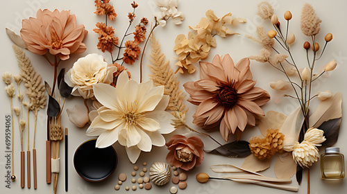Bodegón de plantas y elementos de decorativos en tonos pastel photo