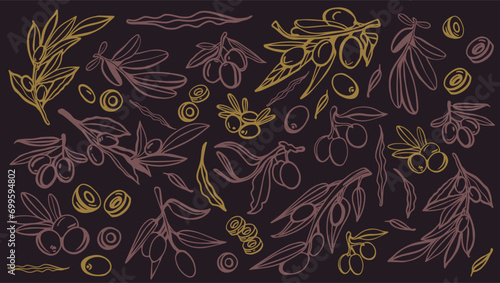 Black olive sketch element collection, olive branches isolated on a green background, leaves, olives, vector hand drawn set.