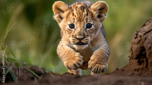 Playful lion cub hiding in grass © Samvel