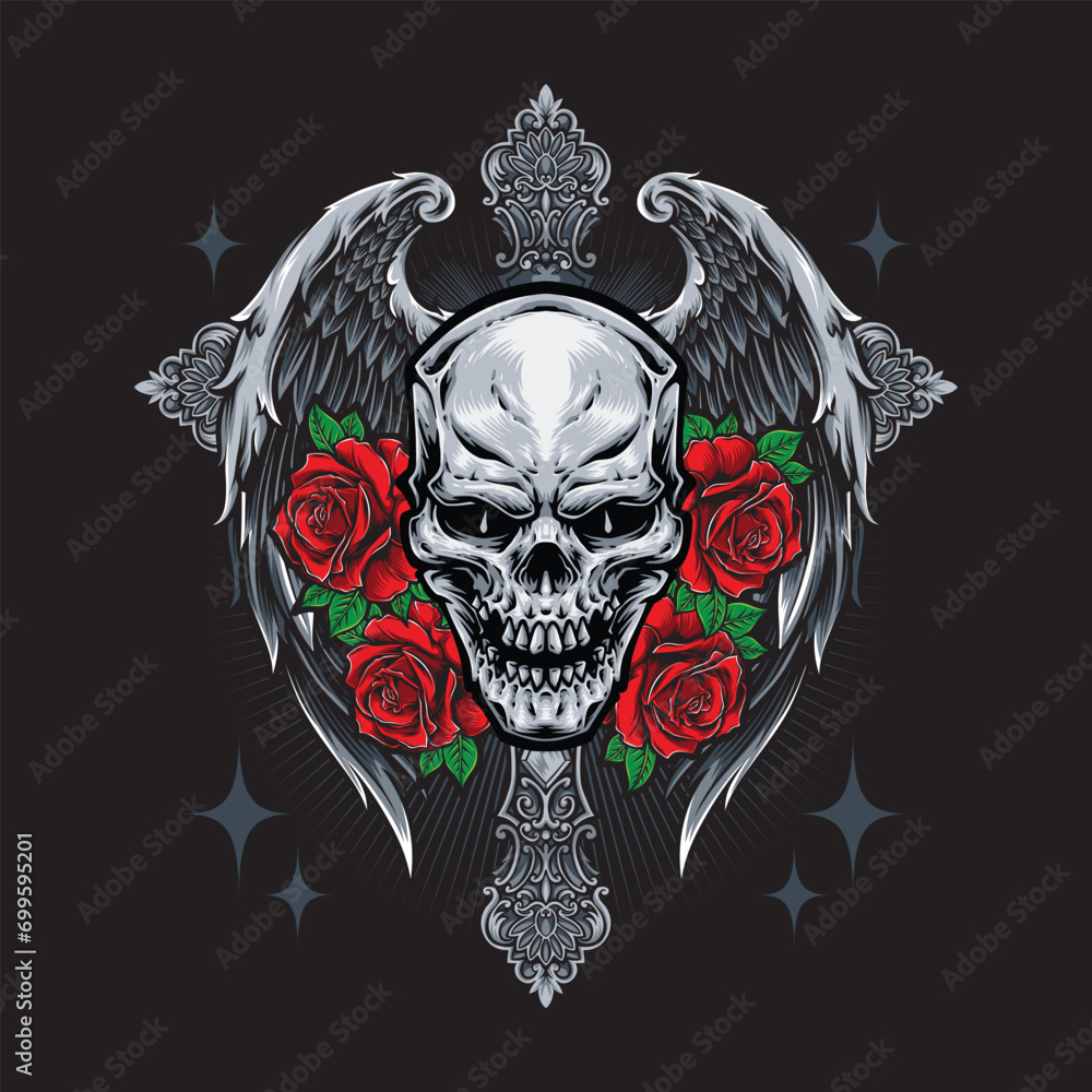 skull with gothic cross and roses skull with gothic cross and roses
