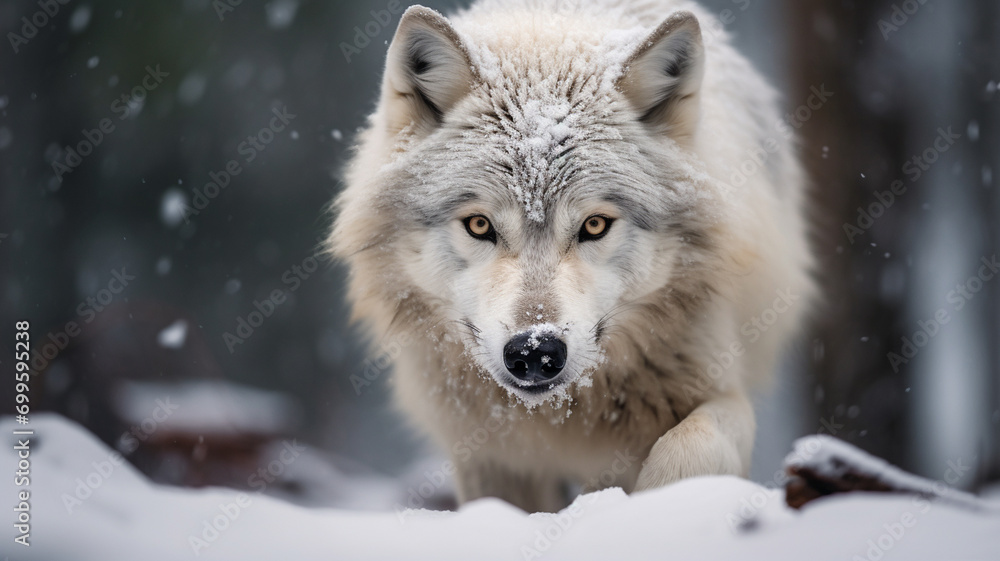 White wolf in the winter forest.
