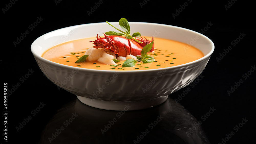A bowl of rich, creamy lobster bisque soup