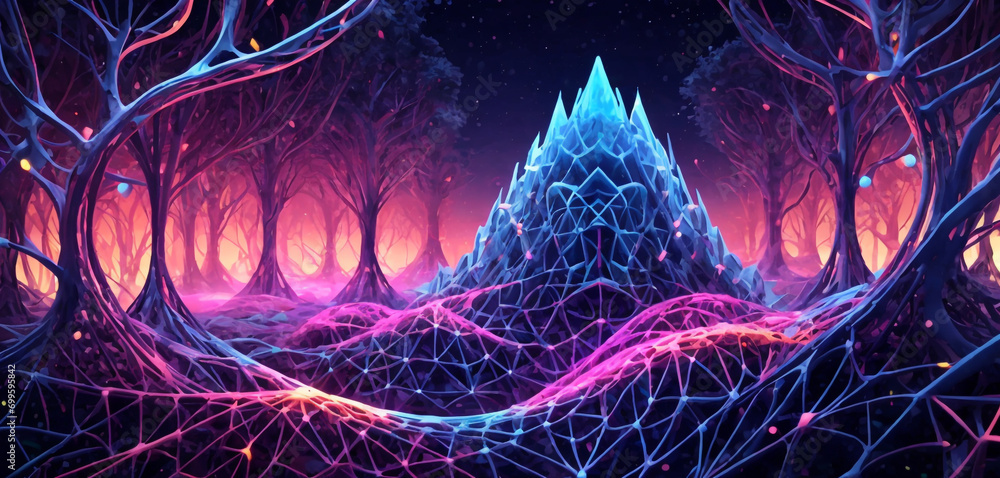 This image features a complex network of interconnected nodes and lines ...