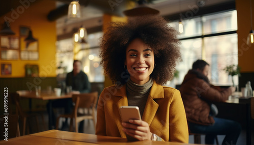 Photographie smiling african american woman using smartphone in cafe - stock photo