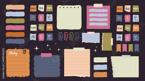 Stationery set, planner, bookmark, sticker for scrapbook notebook, bullet journal. Vector illustration