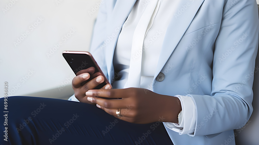 Close up of a woman holding phone, wearing formals, sitting in office Close up of a woman holding phone, wearing formals, sitting in office