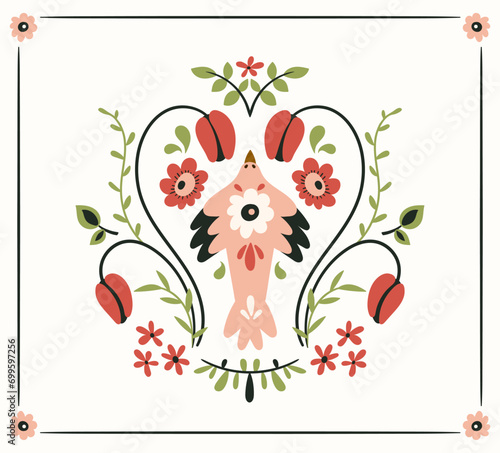Folk hygge ready to use vector print in Scandinavian Nordic style, isolated design on white. Composition with classic ethnic elements - mirror reflected birds, leaves, flowers