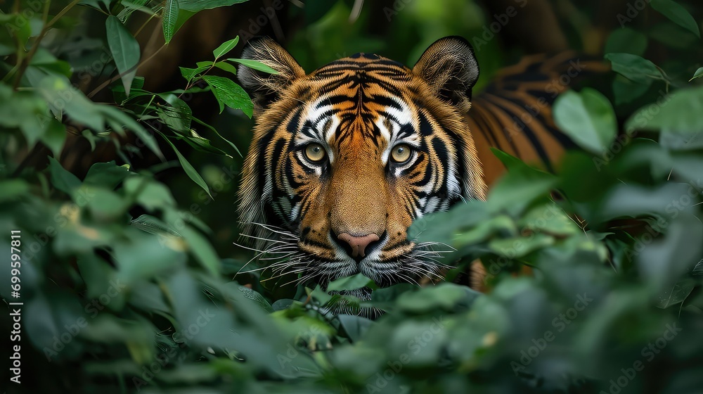 Wildlife Intense stare of a tiger camouflaged in the dense jungle Wildlife Intense stare of a tiger camouflaged in the dense jungle