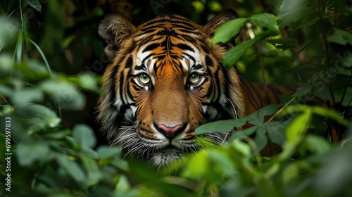 Wildlife  Intense stare of a tiger camouflaged in the dense jungle © Daunhijauxx