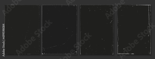 Realistic texture overlay, worn paper effect. Old vintage paper cover overlay vertical frame with worn rough grunge effect. Grunge textures. Rough distressed background. Vector banners set