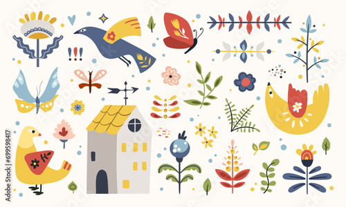 Folk hygge art clip arts vector set in Scandinavian Nordic style, isolated naive designs on white. Collection of ethnic elements. The scandi folk motifs - birds, flowers, moth, leaves, little house