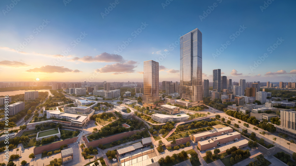 Fototapeta premium Modern metropolis, city skyline, urban buildings, green city