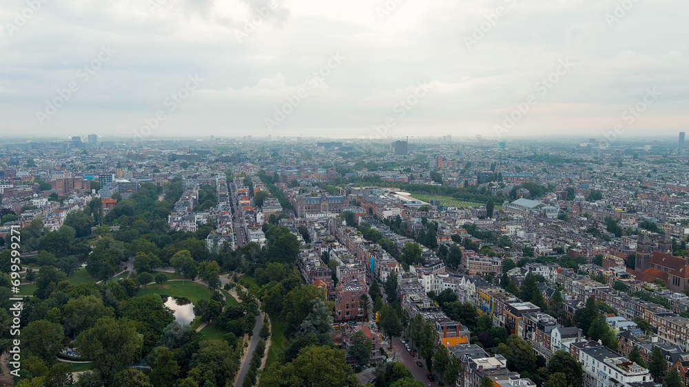 Amsterdam, Netherlands. Vondelpark. Museumplein square. Panoramic view of the city in summer in cloudy weather, Aerial View