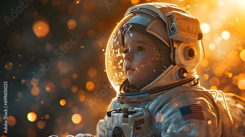Futuristic background. Adorable astronaut boy in space suit reflecting helmet, baby exploring stars cosmos galaxies in space, colorful vibrant sci-fi concept, contemporary cosmic art.