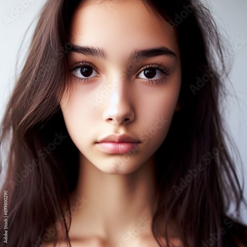 portrait of a beautiful brown-eyed brunette looks into the stone, hair down, natural beauty without filters