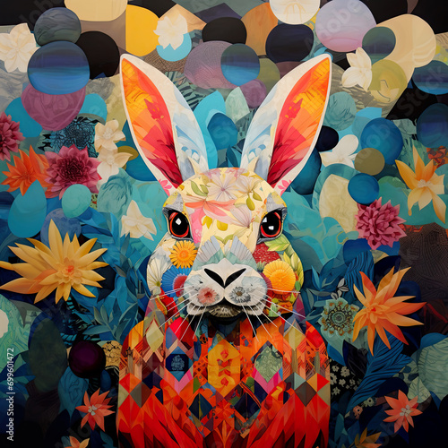Easter bunny colorful collage with eggs suggested. Modern, unique artistic illustration of spring rabbit.