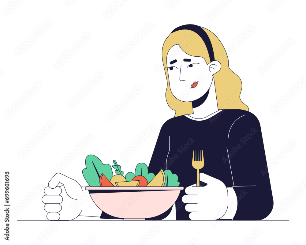 Caucasian woman decreased appetite 2D linear cartoon character. Sad blonde female with eating disorder isolated line vector person white background. Weightloss meal color flat spot illustration Caucasian woman decreased appetite 2D linear cartoon character. Sad blonde female with eating disorder isolated line vector person white background. Weightloss meal color flat spot illustration