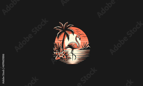 flamingo on beach sunset vector mascot design