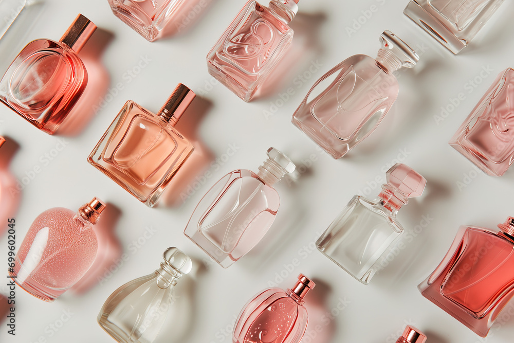 Transparent pink perfume bottles on light background, flat lay. Transparent pink perfume bottles on light background, flat lay.