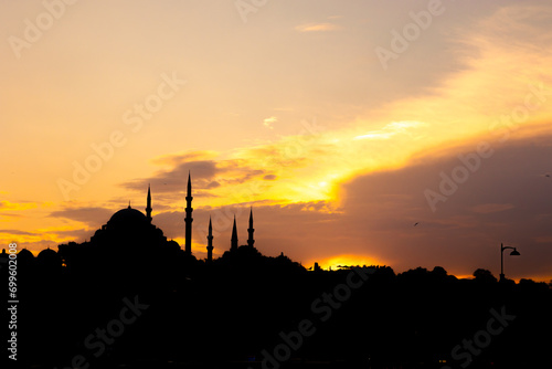 Silhouette of Suleymaniye Mosque at sunset. Visit Istanbul background photo