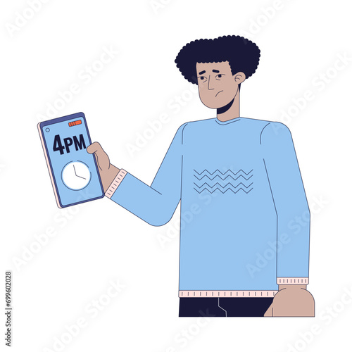 Tired hispanic man checking time on phone 2D linear cartoon character. Sleep deprived latin american guy isolated line vector person white background. Exhausted male color flat spot illustration
