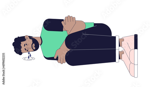 Emotional breakdown black man lying curled up 2D linear cartoon character. Depressive african american male isolated line vector person white background. Melancholy color flat spot illustration