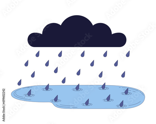 Rainy cloud falling raindrops 2D linear cartoon object. Storm bad weather downpour isolated line vector element white background. Gloomy fall season. Autumn rainfall color flat spot illustration