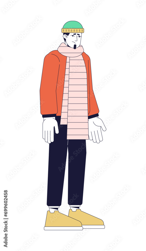 Winter blues sad caucasian man 2D linear cartoon character. Warm scarf tired male isolated line vector person white background. Weather wintertime. Seasonal depressive color flat spot illustration