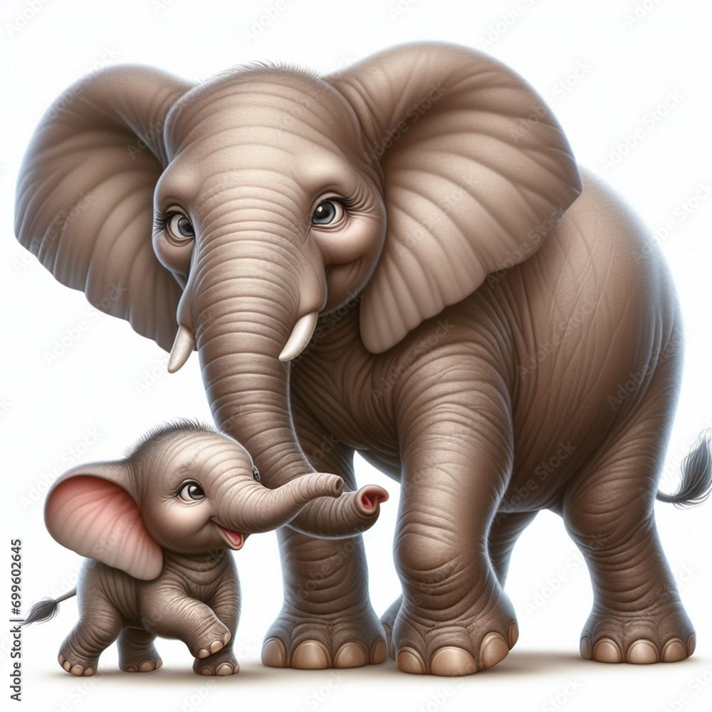 mother elephant and baby elephan stand holding their trunks,  isolated on white background, concept of protecting rare species of animals, environmental protection
