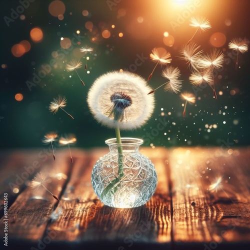 crystal vase with dandelion on a wooden table on the street, parachutes from dandelions fly around, bokeh background, simplicity in nature