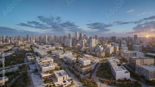 Modern metropolis, city skyline, urban buildings, green city