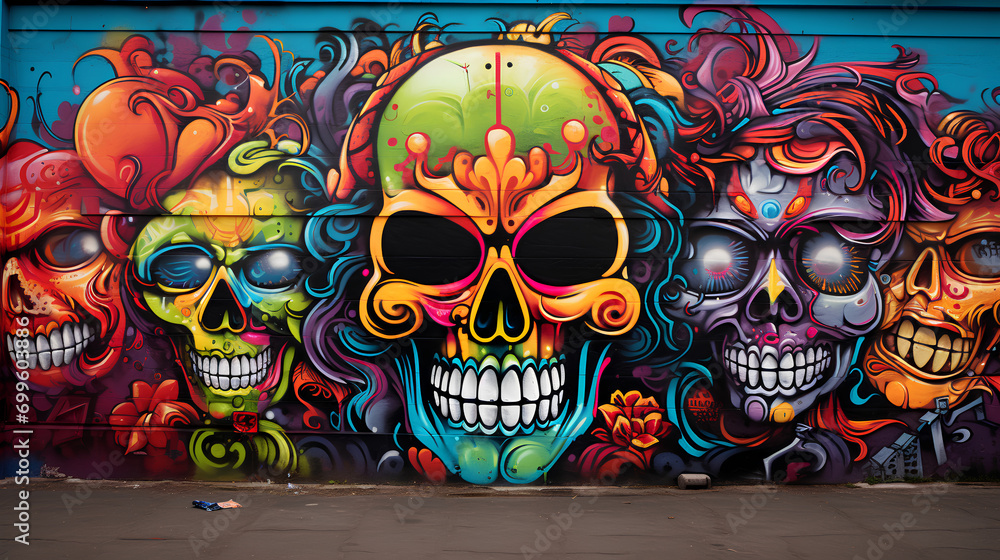 Graffiti in an urban style with bright spray cans, masks and characters