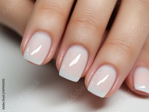 Beautiful manicure. Long almond shaped nails. Nail design. Manicure with gel polish. Close-up of the hands of a young woman with a gentle manicure on her nails. Bright nails with gel polish. photo