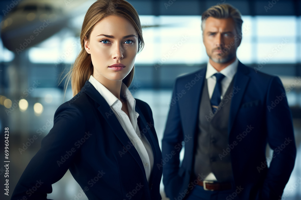 Portrait of a confident businessman and business woman in airport Portrait of a confident businessman and business woman in airport