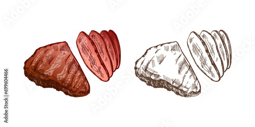 Organic food. Hand drawn colored and monochrome vector sketch of grilled beef steak, piece of meat. Vintage illustration. Decorations for the menu. Engraved image.