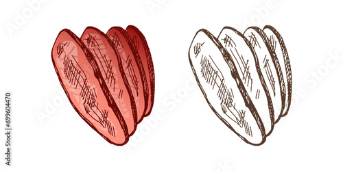 Organic food. Hand drawn colored and monochrome vector sketch of grilled beef steak, piece of meat. Vintage illustration. Decorations for the menu. Engraved image.