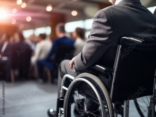 businessman sitting on a wheelchair and giving presentation to the audience in the auditorium