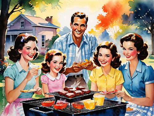 Watercolor illustration of American dream family 1950's Picnic Barbecue. with Halftone Pattern