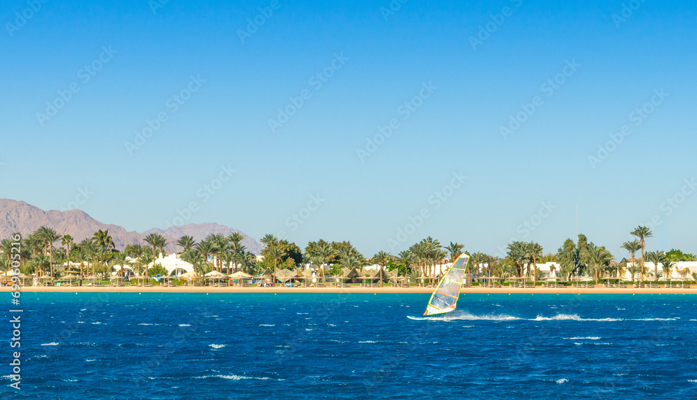 Obraz premium windsurfer rides on the background of the beach with palm trees and rocky mountains in Egypt Dahab South Sinai
