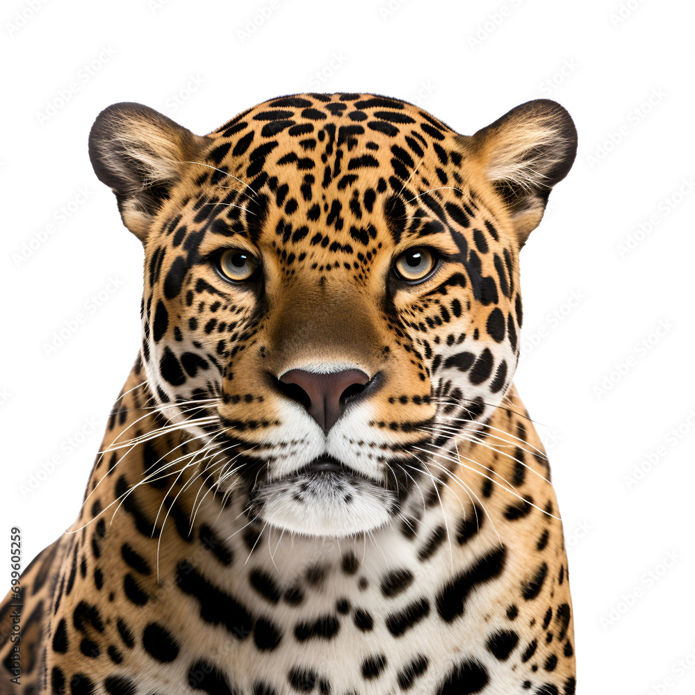 Obraz premium Wild Jaguar Close-Up, Jungle Beast Image, Untamed Creature, Half Body, Isolated on Transparent Background, PNG