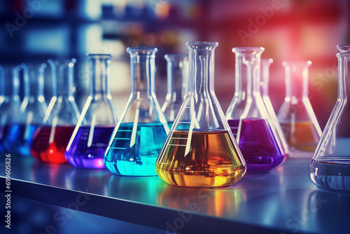 Laboratory flasks with colorful liquids on a blurred background