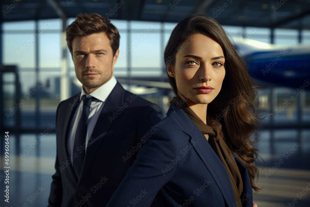 Portrait of a confident businessman and business woman in airport Portrait of a confident businessman and business woman in airport