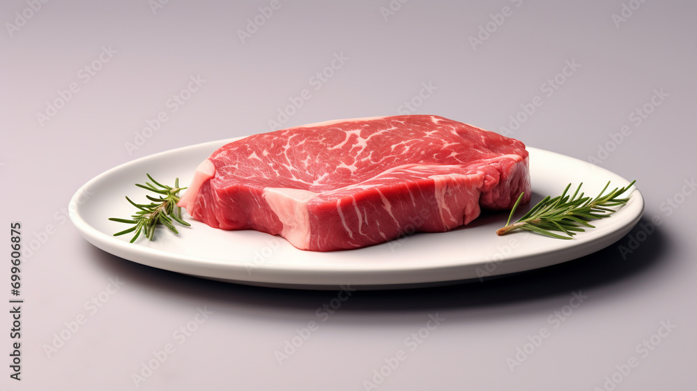 Raw red beef meat on a flat ceramic plate. Raw red beef meat on a flat ceramic plate.