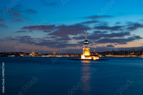 Istanbul background photo. Kiz Kulesi or Maiden's Tower at sunset. © senerdagasan